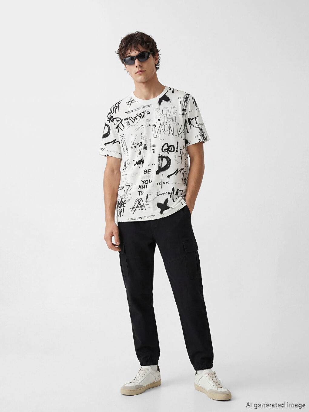 Ekru Bisiklet Yaka Yazı Baskılı Erkek Tişört-2