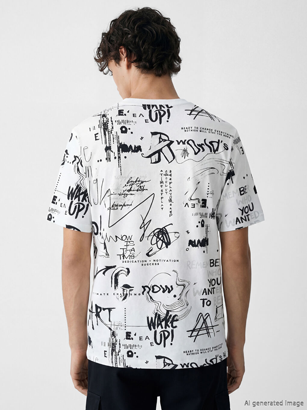 Ekru Bisiklet Yaka Yazı Baskılı Erkek Tişört-3