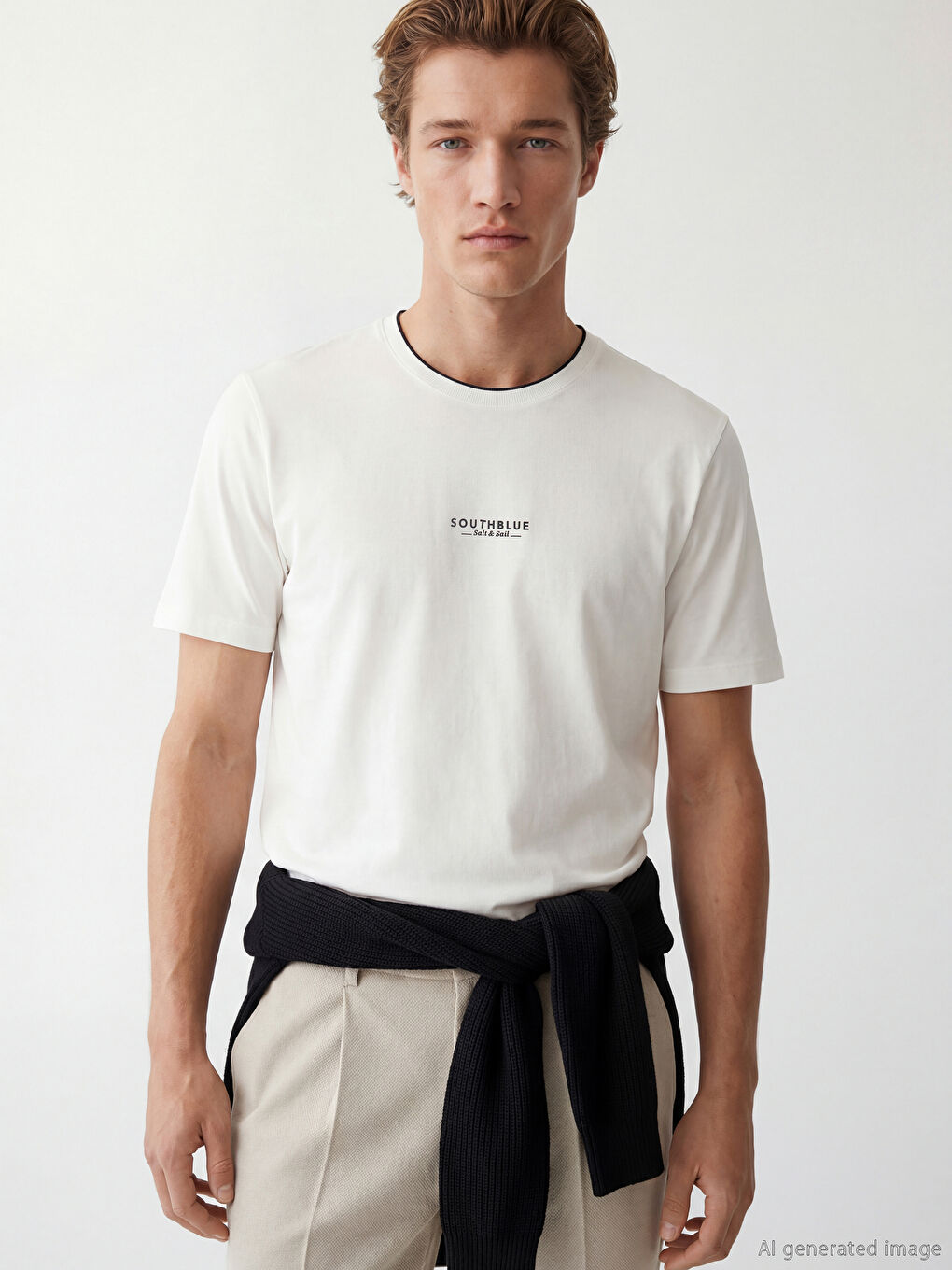 Ekru Bisiklet Yaka Baskılı Erkek Tişört