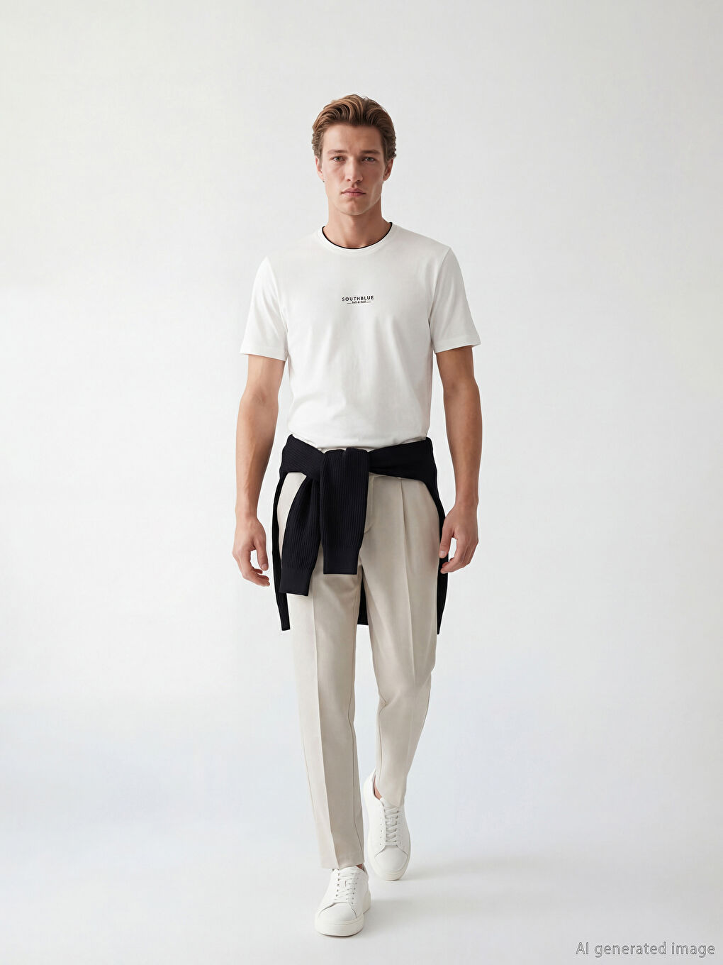 Ekru Bisiklet Yaka Baskılı Erkek Tişört-1