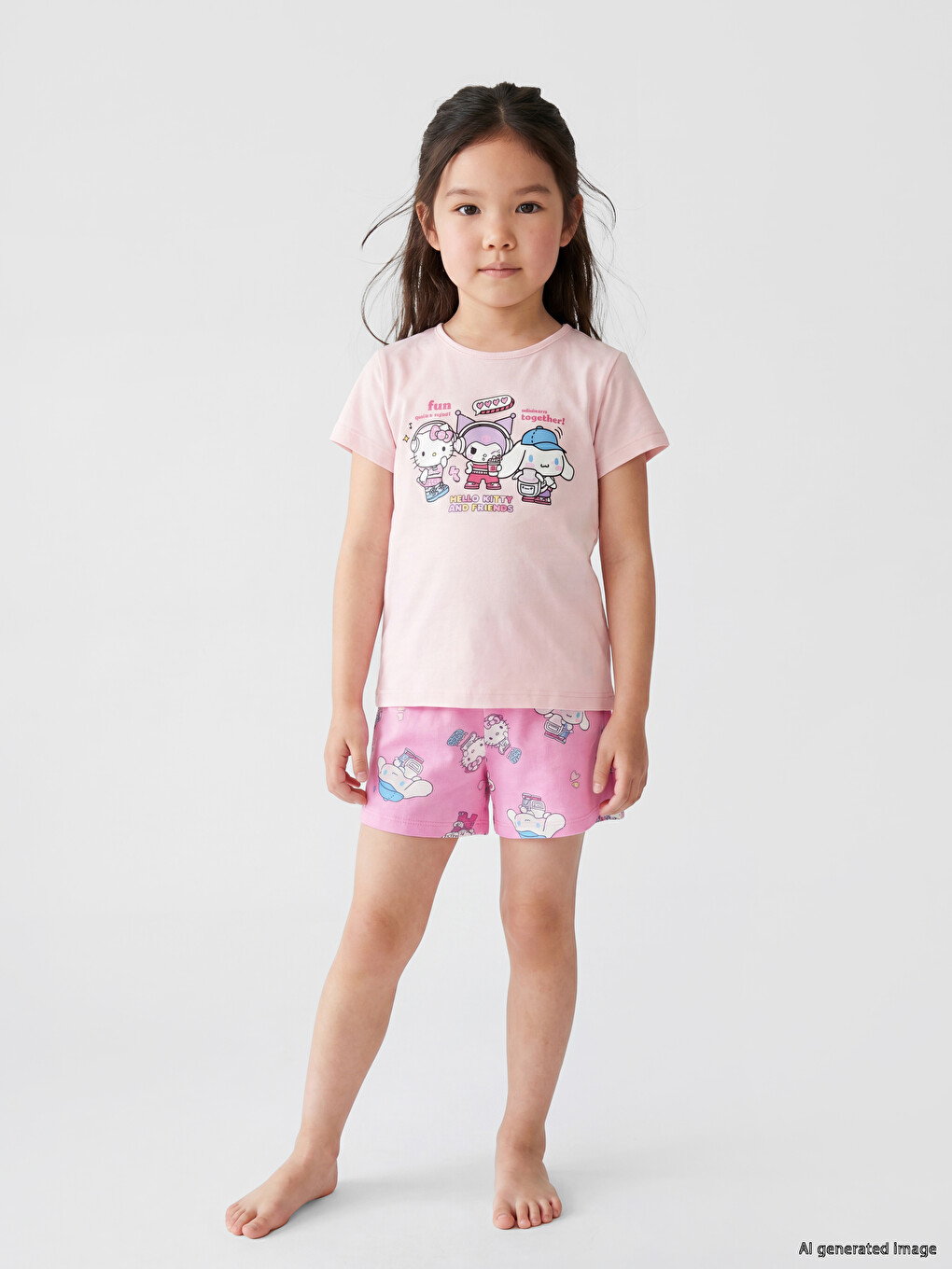 Pembe Hello Kitty Baskılı Kız Çocuk Şortlu Pijama Takımı