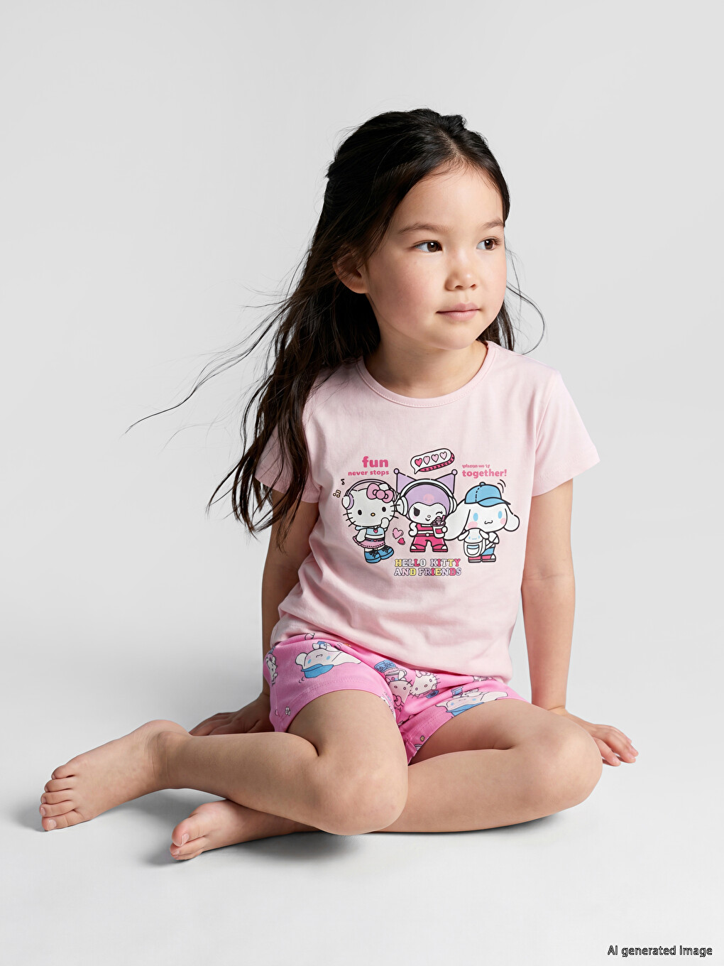 Pembe Hello Kitty Baskılı Kız Çocuk Şortlu Pijama Takımı-1