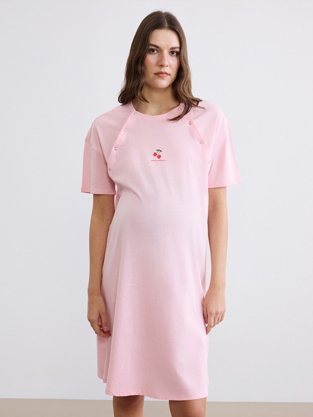 Pembe Bisiklet Yaka Baskılı Hamile Gecelik