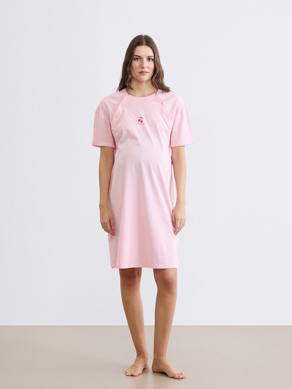 Pembe Bisiklet Yaka Baskılı Hamile Gecelik-1
