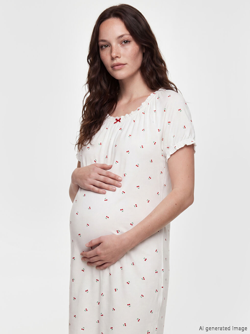 Ekru Kısa Kollu Bisiklet Yaka Desenli Kadın Gecelik-1