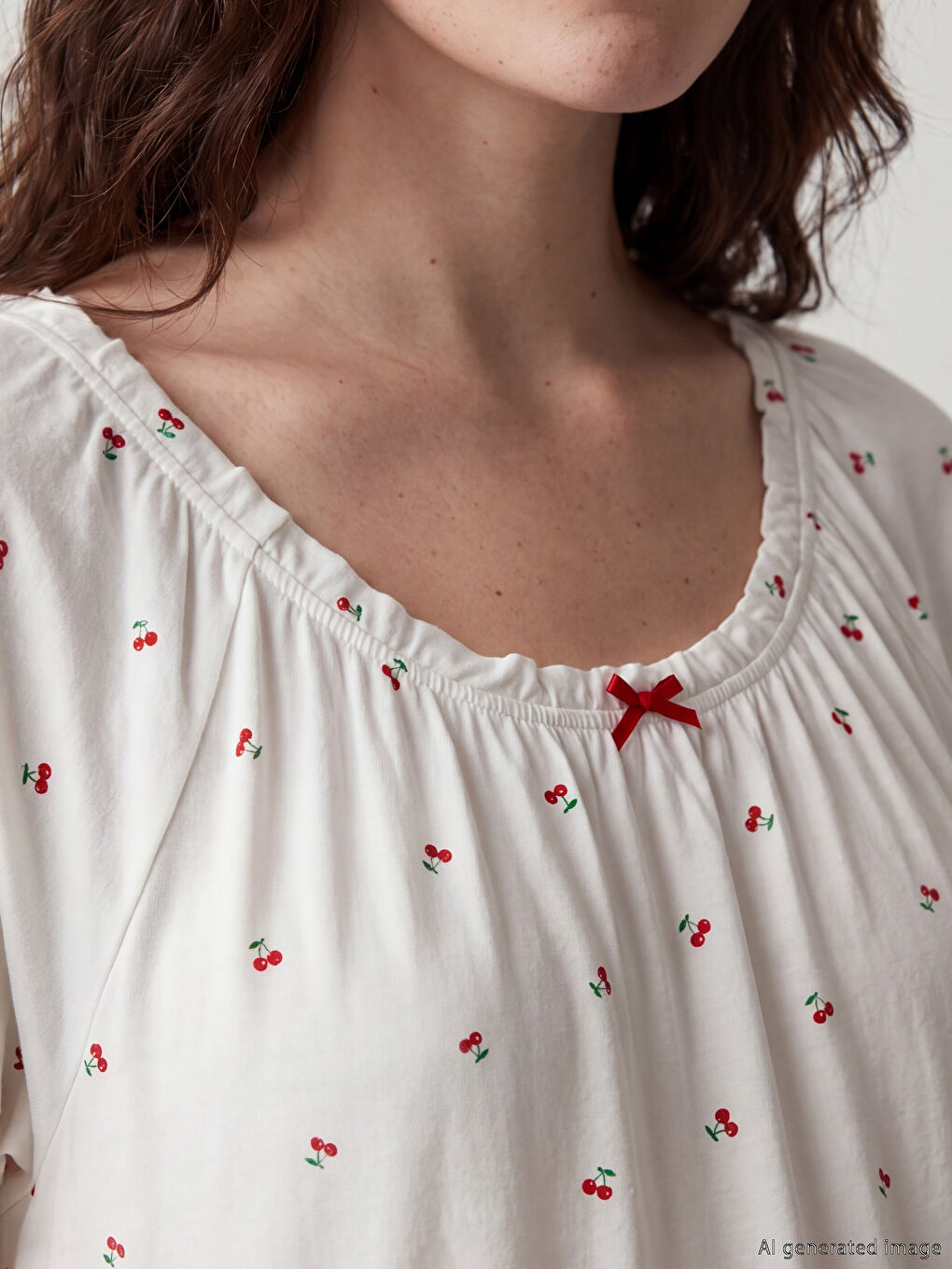 Ekru Kısa Kollu Bisiklet Yaka Desenli Kadın Gecelik-2