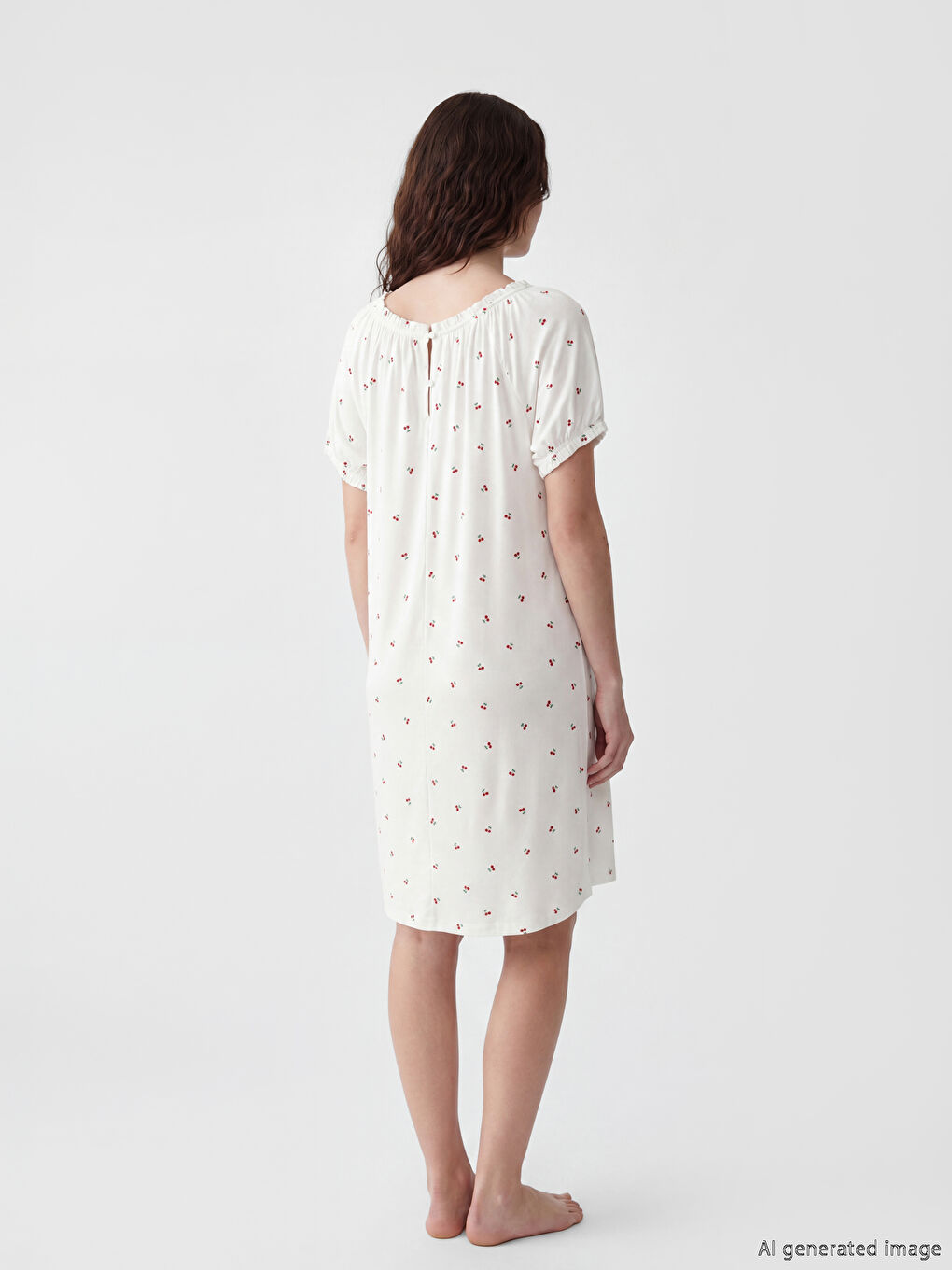 Ekru Kısa Kollu Bisiklet Yaka Desenli Kadın Gecelik-3