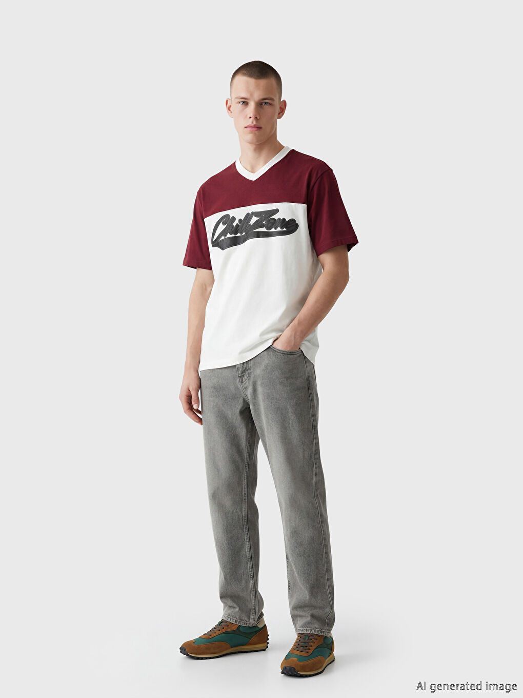 Beyaz V Yaka Renk Bloklu Erkek Tişört-1