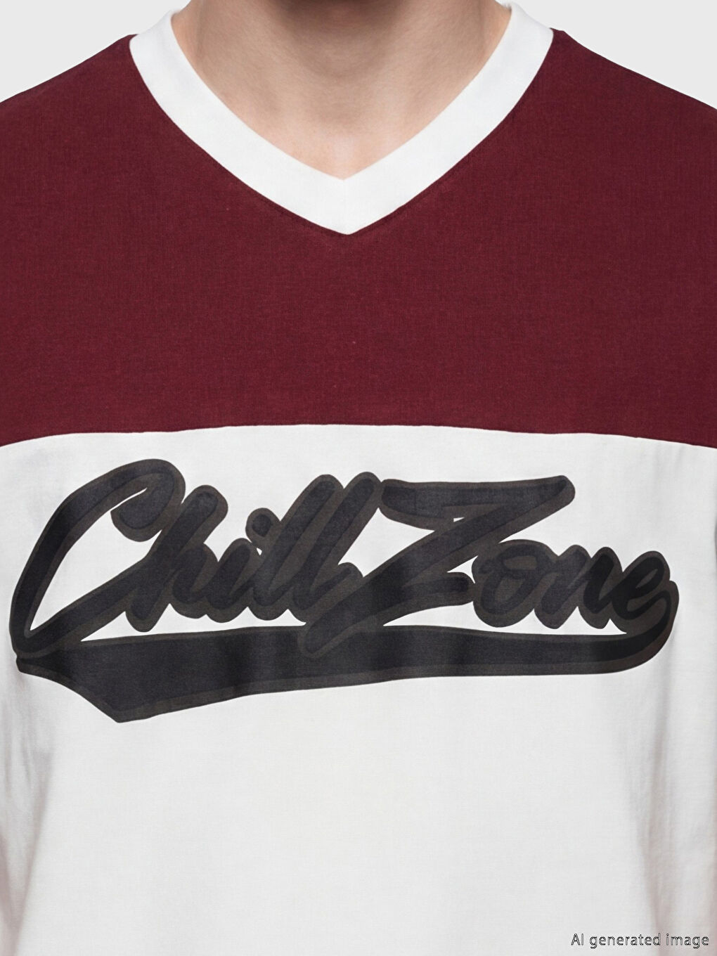 Beyaz V Yaka Renk Bloklu Erkek Tişört-2