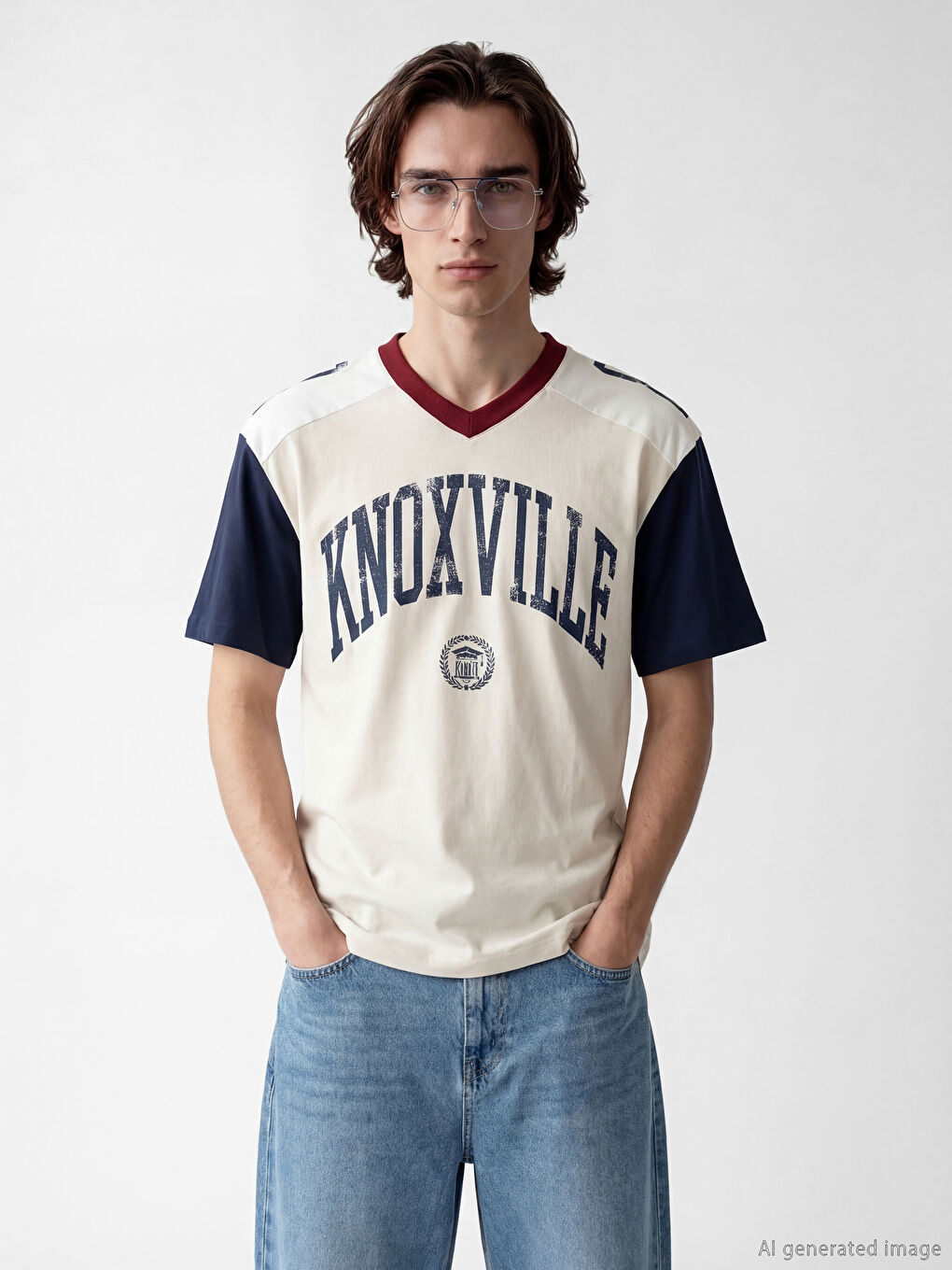 Bej V Yaka Baskılı Penye Erkek Tişört