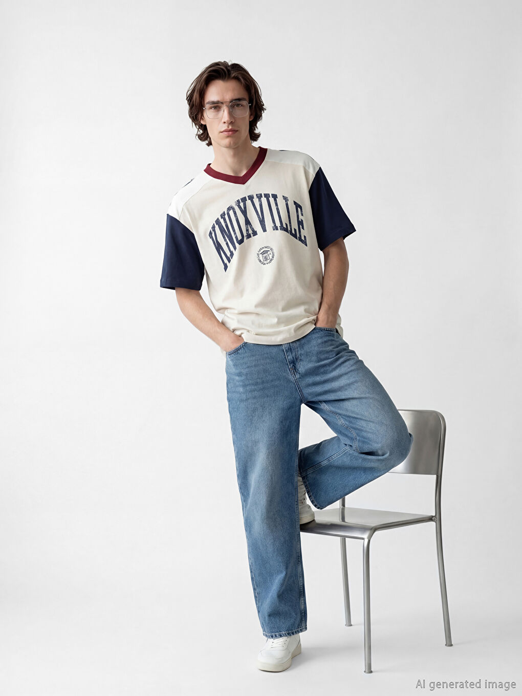 Bej V Yaka Baskılı Penye Erkek Tişört-1