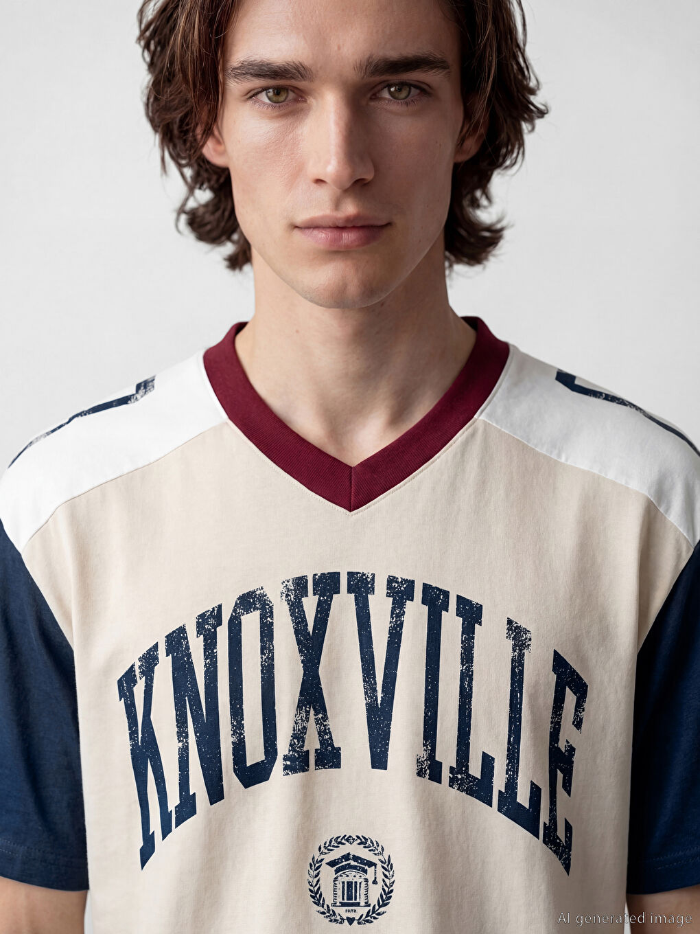 Bej V Yaka Baskılı Penye Erkek Tişört-2