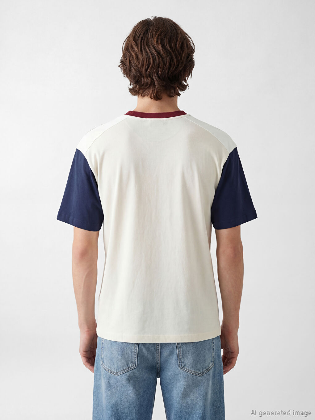 Bej V Yaka Baskılı Penye Erkek Tişört-3