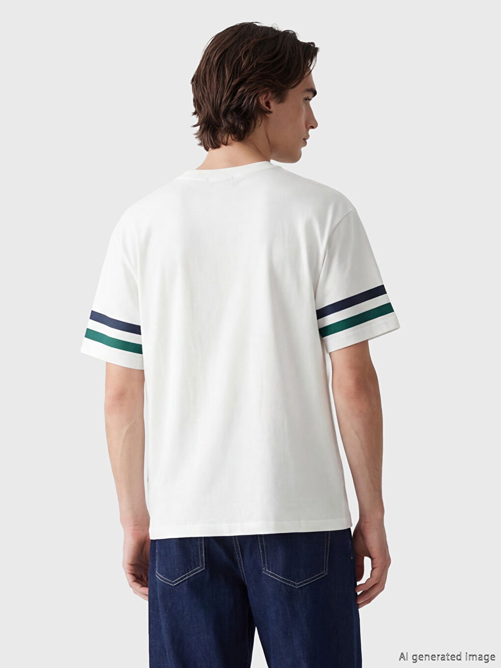 Beyaz Bisiklet Yaka Baskılı Erkek Tişört-2