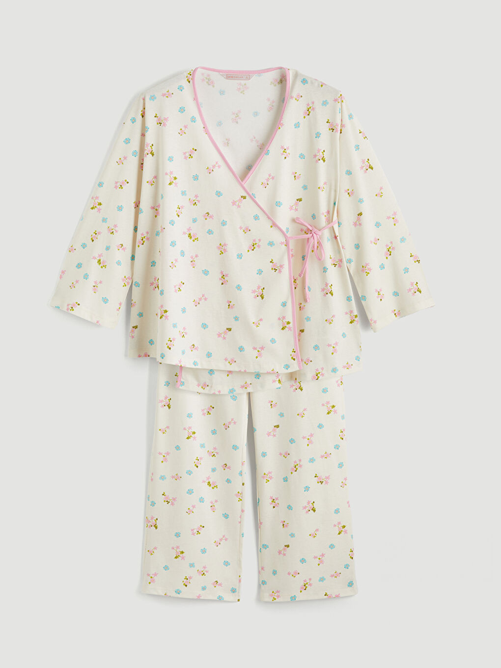 Ekru Kruvaze Yaka Çiçekli Hamile Pijama Takım