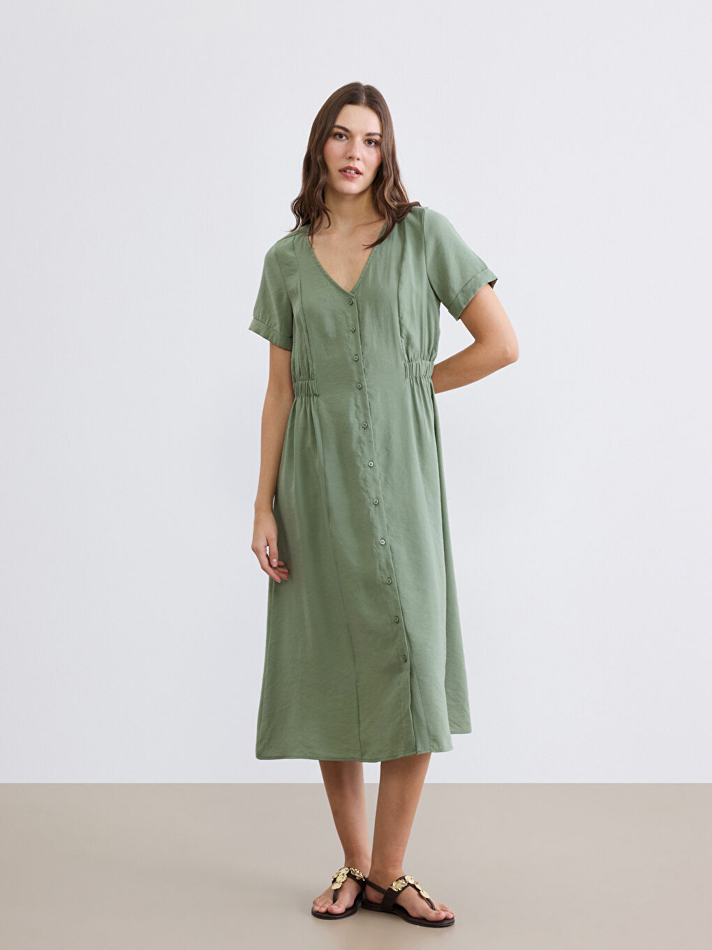 Yeşil V Yaka Belden Oturtmalı Elbise-1