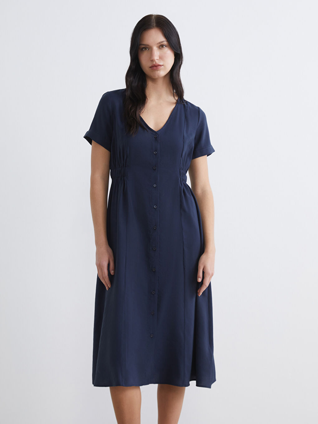 Lacivert V Yaka A Kesim Elbise-1