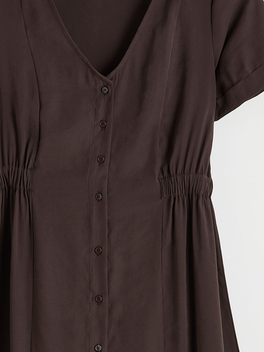 Kahverengi V Yaka Belden Oturtmalı Elbise-6