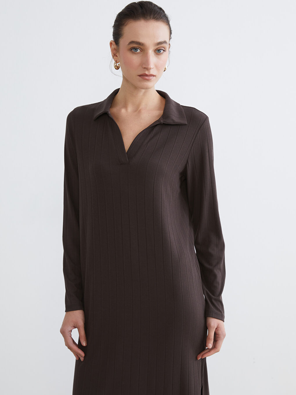 Kahverengi Gömlek Yaka Çizgili A Kesim Elbise-1