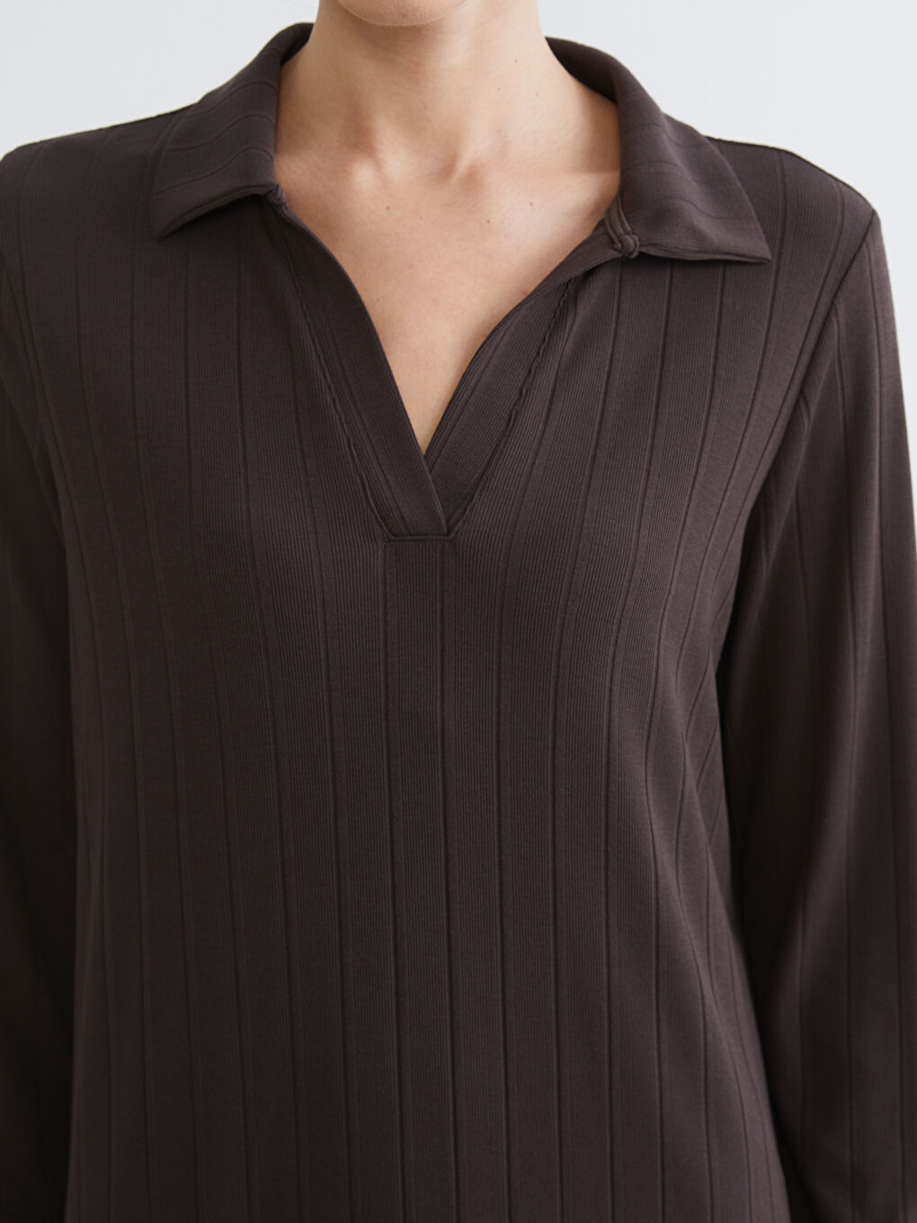 Kahverengi Gömlek Yaka Çizgili A Kesim Elbise-2