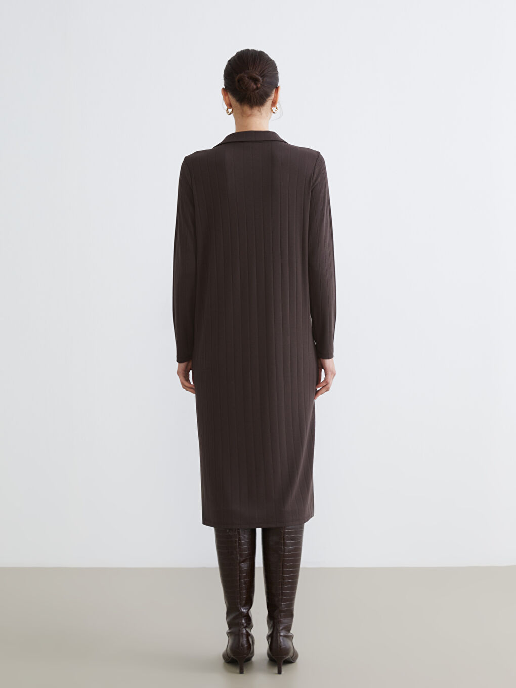 Kahverengi Gömlek Yaka Çizgili A Kesim Elbise-3