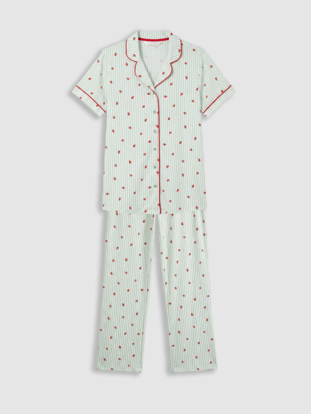 Ekru Gömlek Yaka Çilek Baskılı Hamile Pijama Takımı