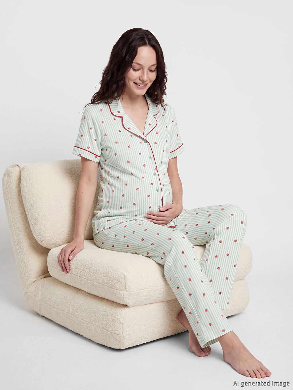 Ekru Gömlek Yaka Çilek Baskılı Hamile Pijama Takımı-2