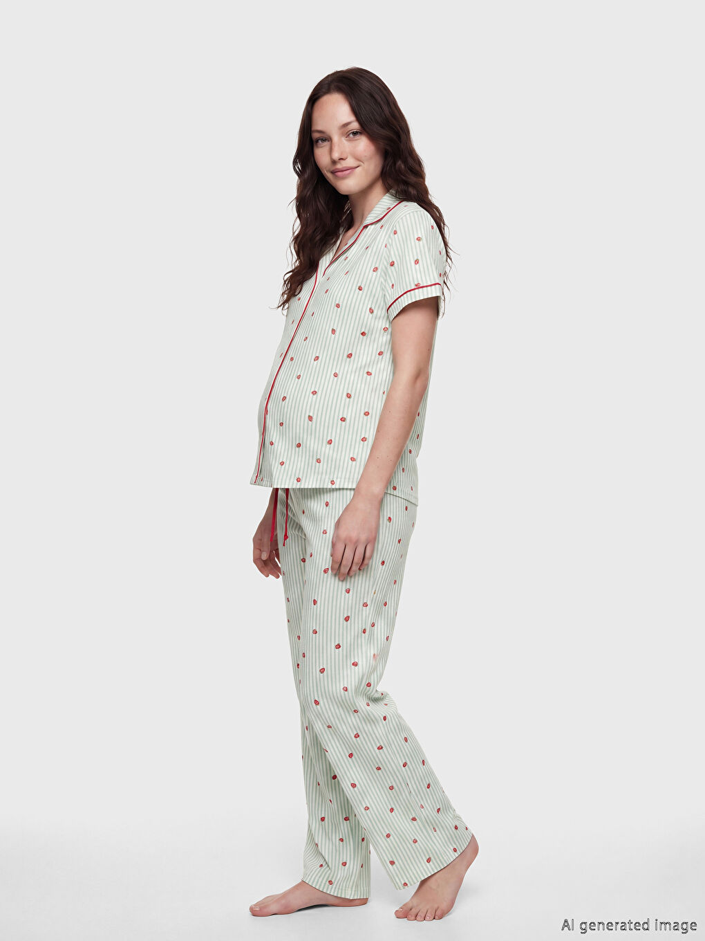 Ekru Gömlek Yaka Çilek Baskılı Hamile Pijama Takımı-3