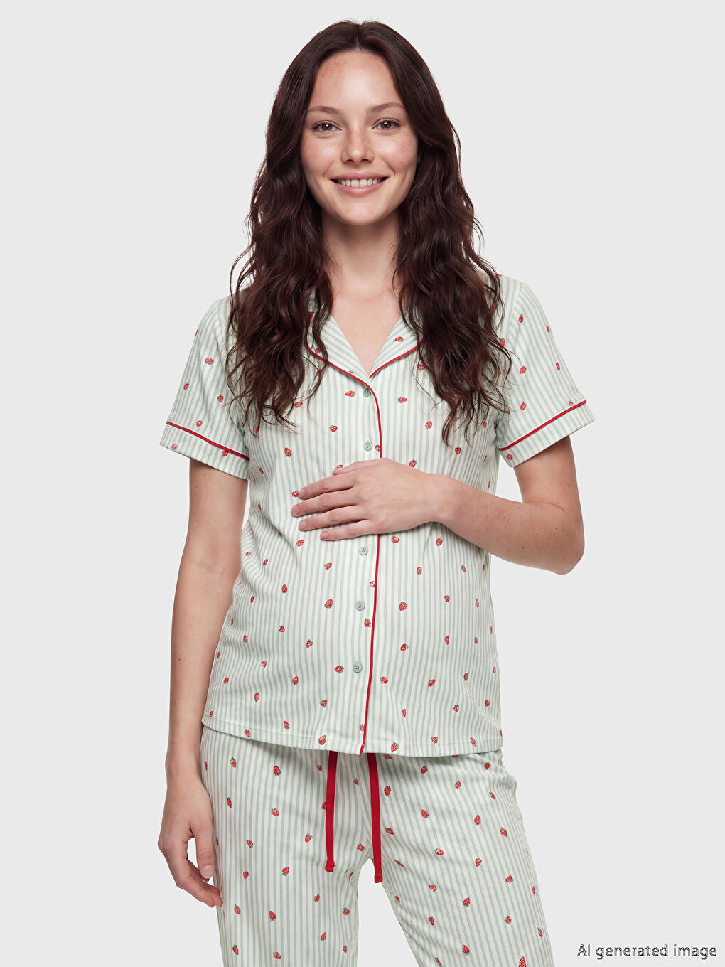 Ekru Gömlek Yaka Çilek Baskılı Hamile Pijama Takımı-4