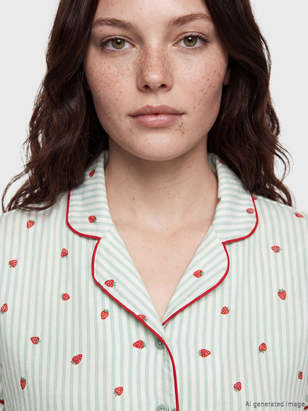 Ekru Gömlek Yaka Çilek Baskılı Hamile Pijama Takımı-5