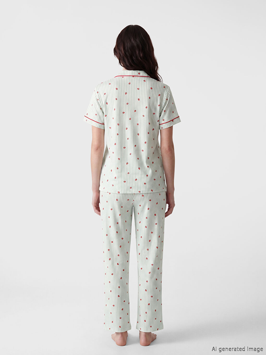 Ekru Gömlek Yaka Çilek Baskılı Hamile Pijama Takımı-6