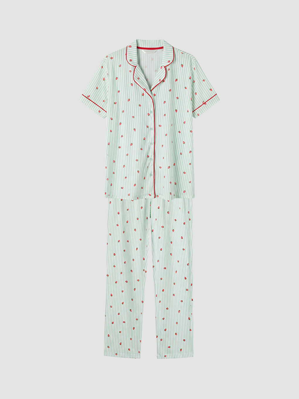 Ekru Gömlek Yaka Çilek Baskılı Hamile Pijama Takımı-7