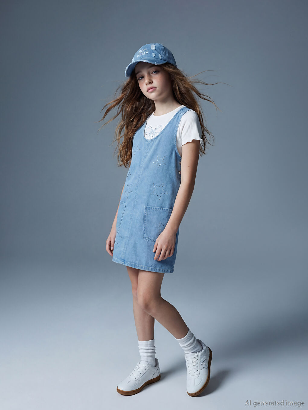Sparkling denim overalls dress for girls.