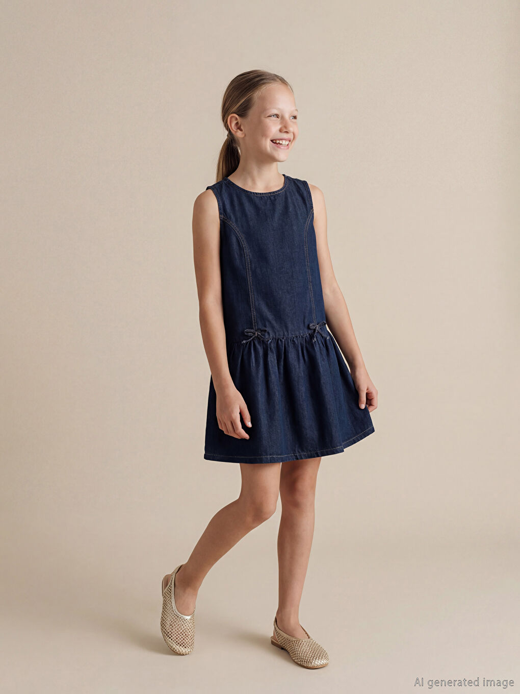 Girls' Denim Dress with Bow Detail