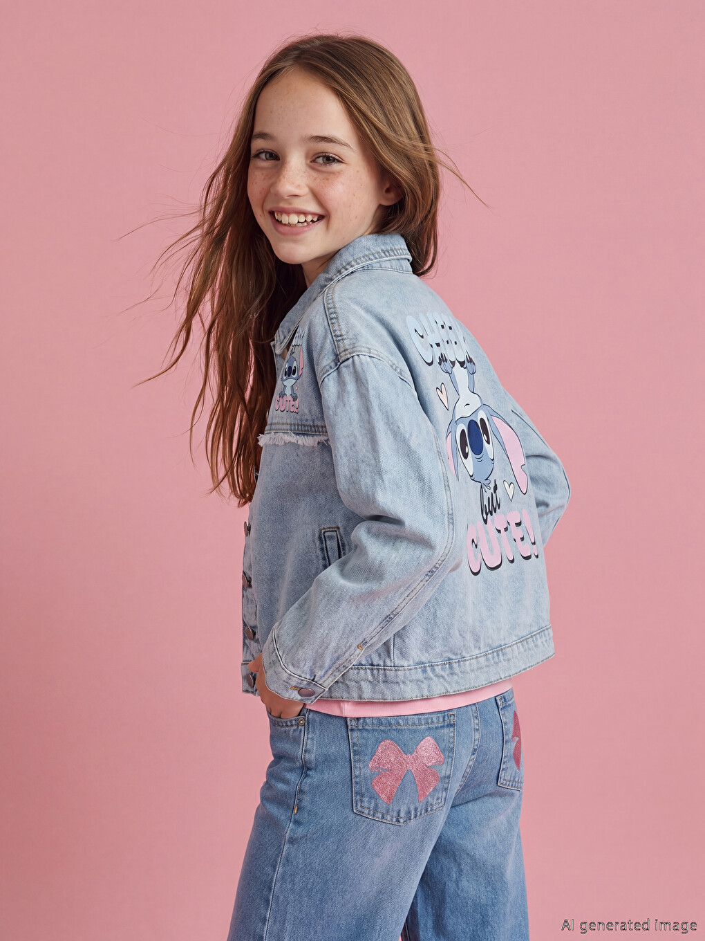 Mavi Stitch Baskılı Kız Çocuk Jean Ceket-1