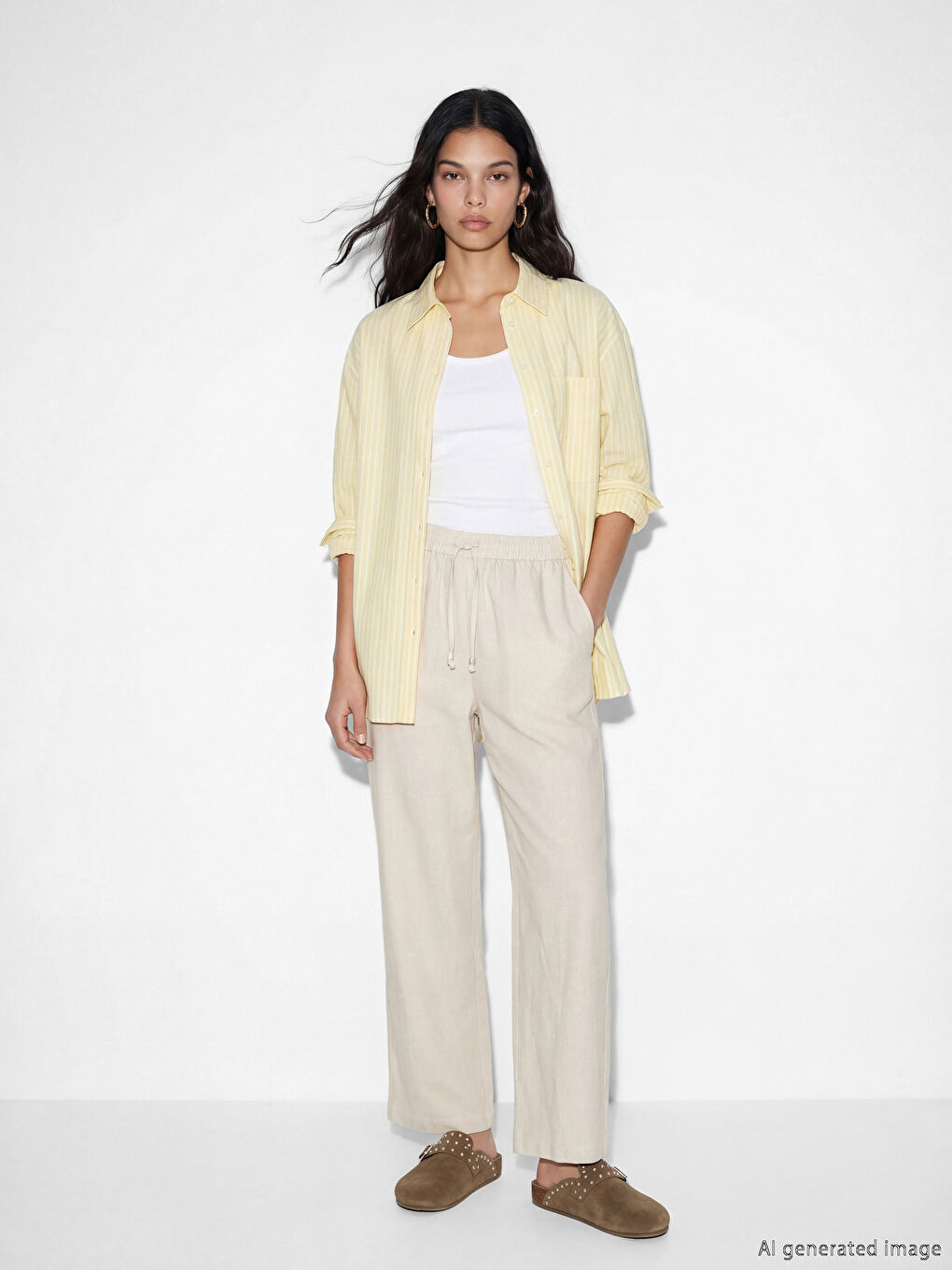 Çizgili Keten Karışımlı Oversize Kadın Gömlek-1