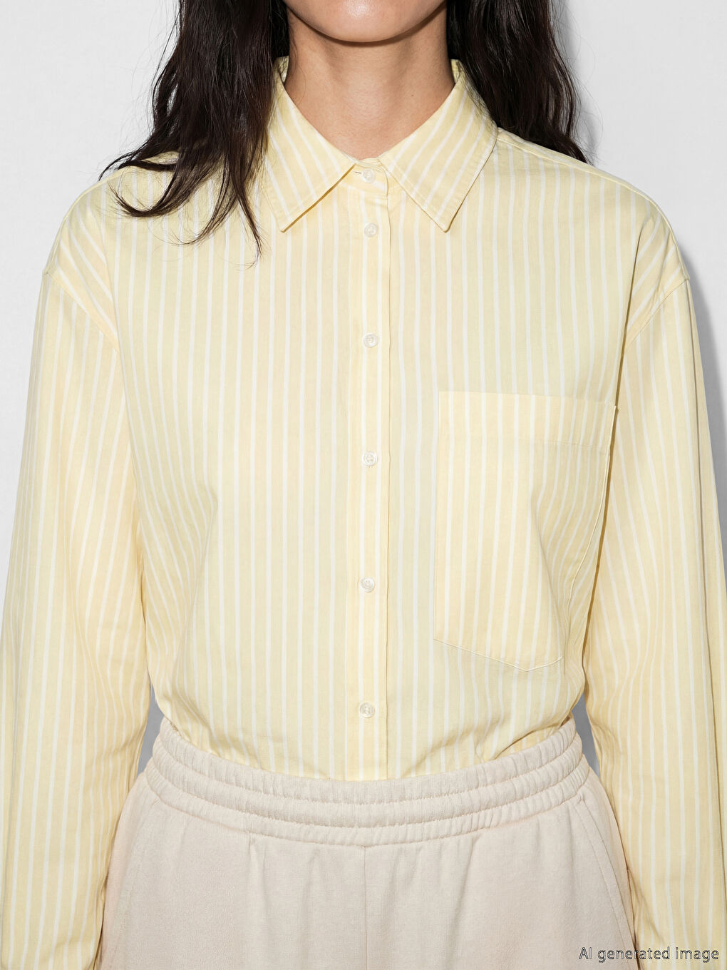 Çizgili Keten Karışımlı Oversize Kadın Gömlek-2