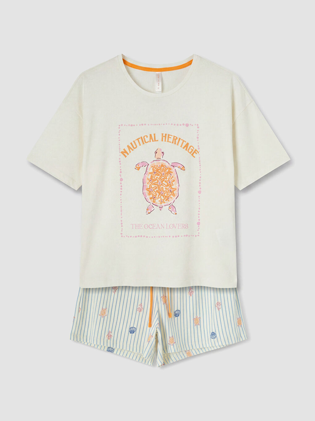 Ekru Bisiklet Yaka Baskılı Kadın Şortlu Pijama Takımı