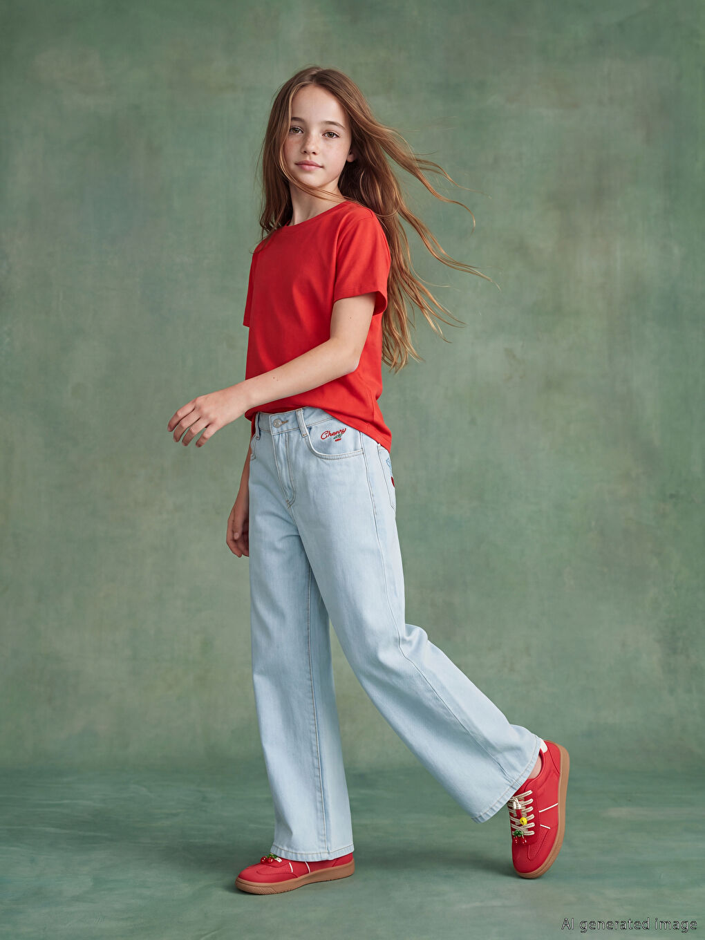 İndigo Wideleg Nakışlı Kız Çocuk Jean Pantolon-1