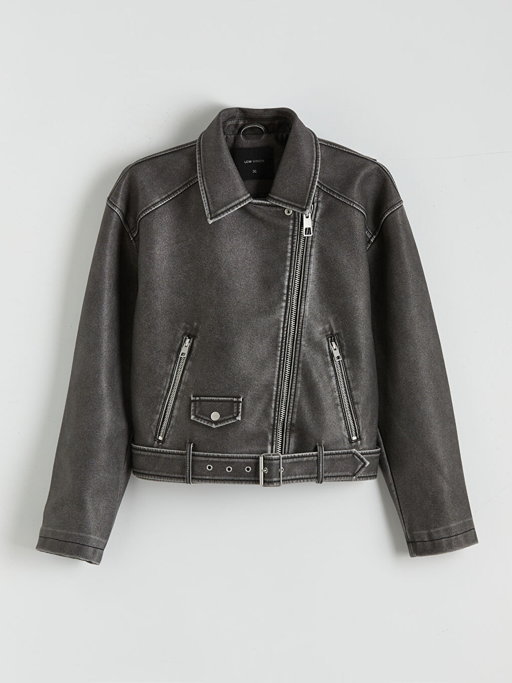 Gri Gömlek Yaka Kadın Deri Görünümlü Ceket-5