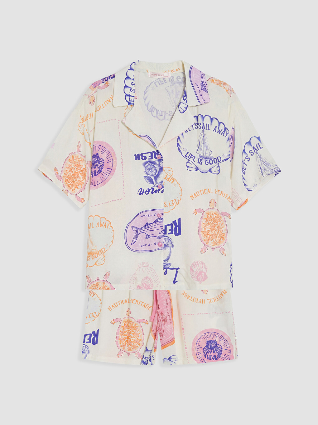 Bej Gömlek Yaka Desenli Kadın Şortlu Pijama Takımı-4