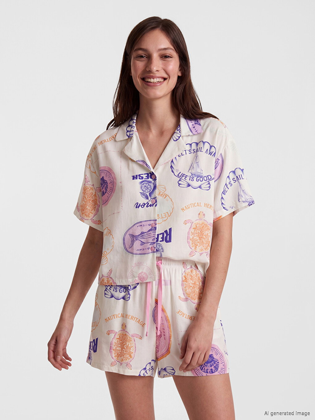 Collared Neck Patterned Women's Shorts Pyjama Set-1