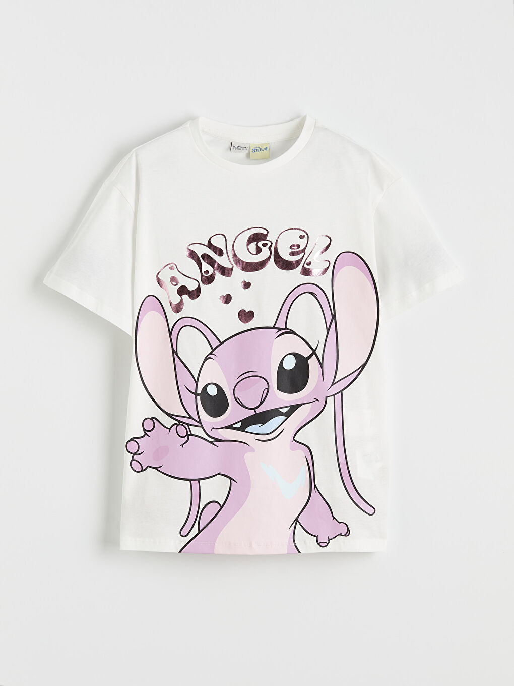 Ekru Bisiklet Yaka Angel Baskılı Kız Çocuk Tişört