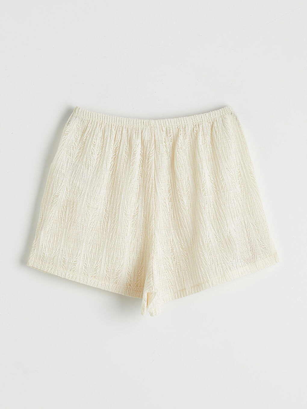 Ekru Beli Lastikli Ajurlu Kadın Plaj Şortu-1