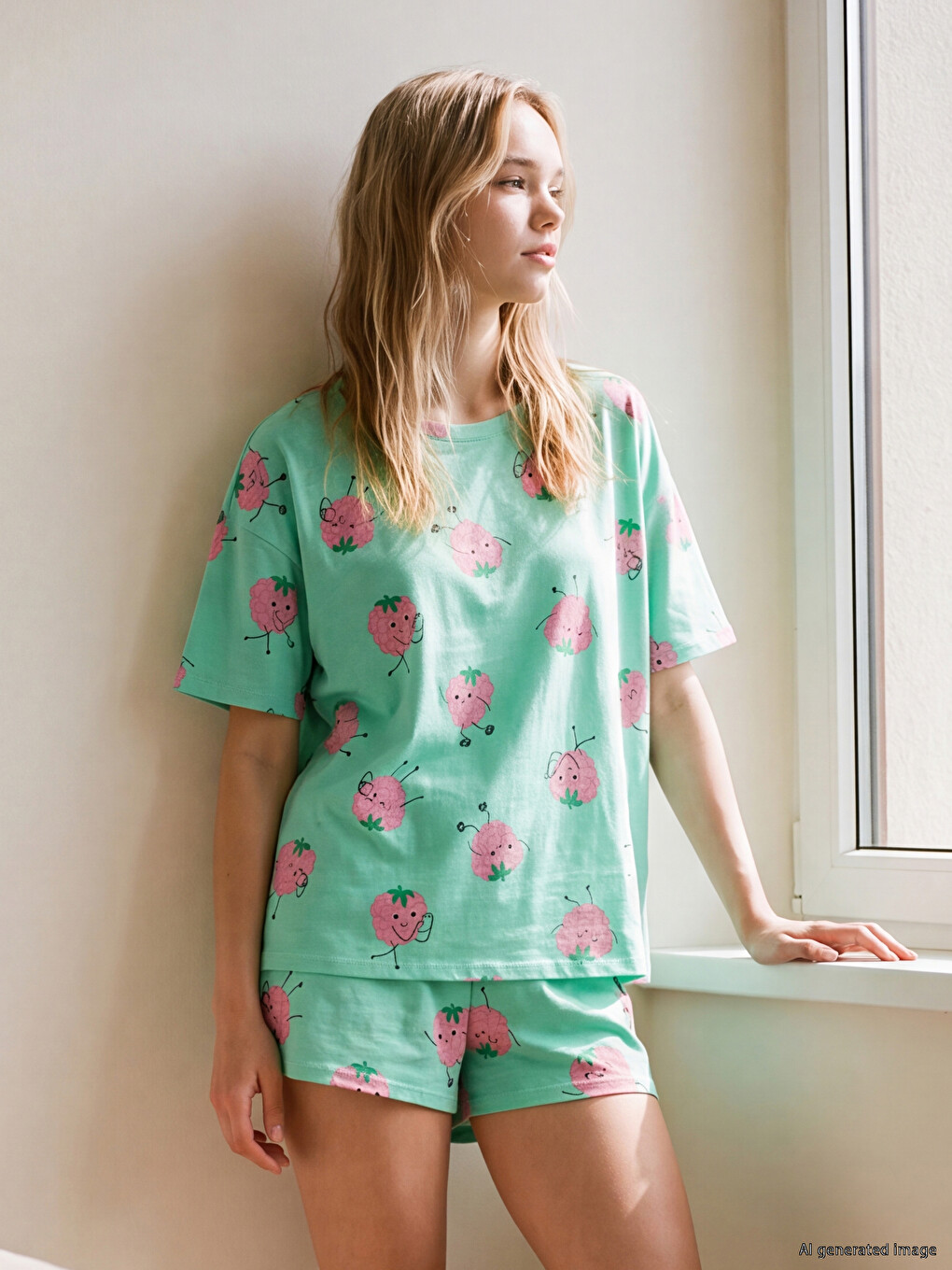 Bisiklet Yaka Desenli Kadın Pijama Takımı