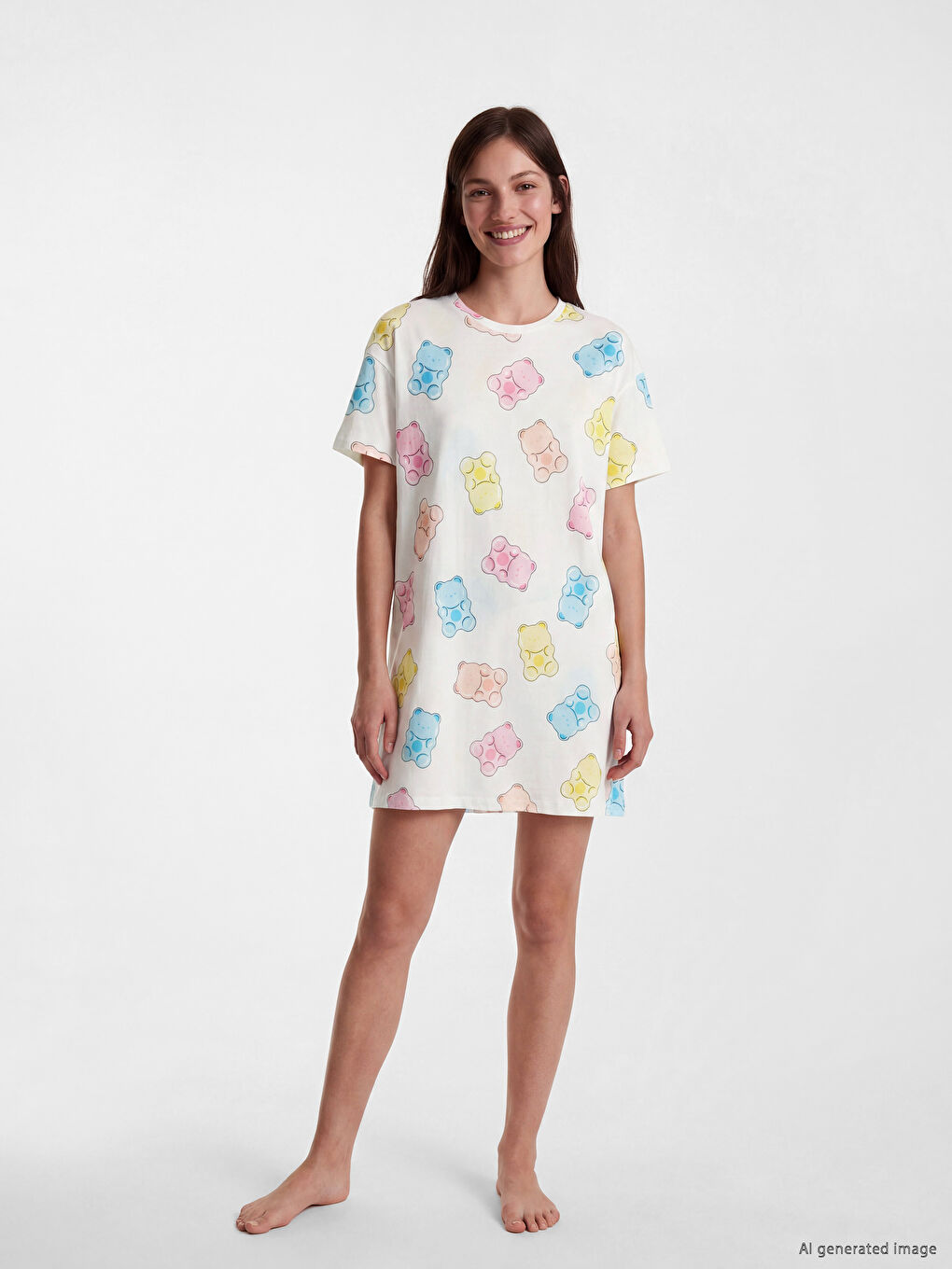 Дамска нощница с шарки с обло деколте