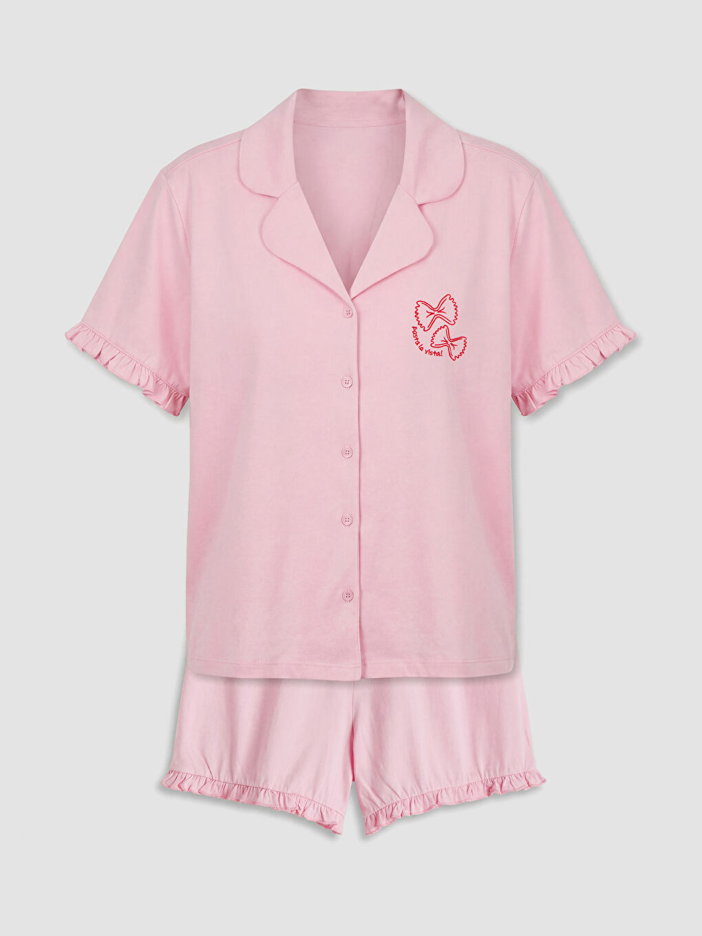 Pembe Nakışlı Kadın Şortlu Pijama Takımı