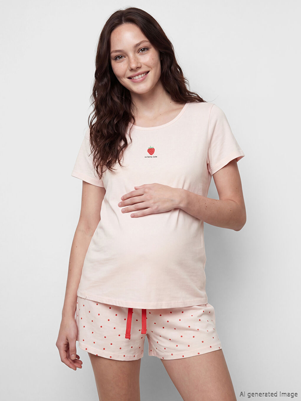 Женский пижамный комплект с шортами для беременных с клубничным принтом и круглым вырезом-1