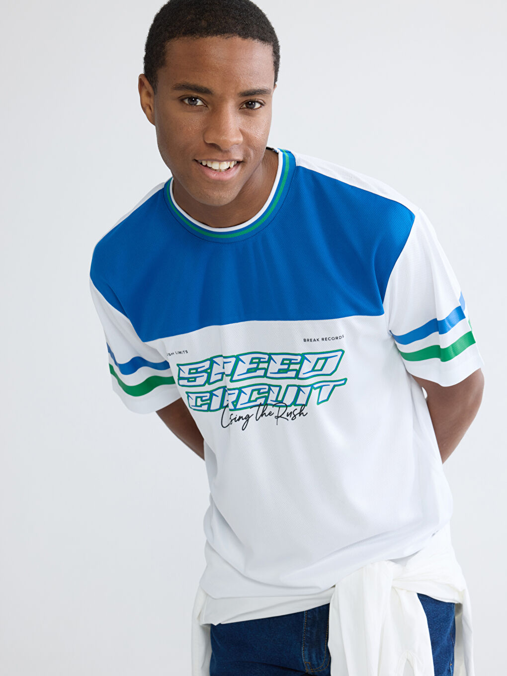 Ekru Bisiiklet Yaka Baskılı Erkek Tişört