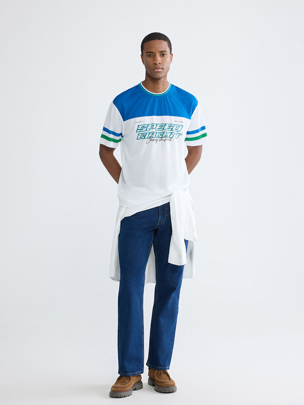 Ekru Bisiiklet Yaka Baskılı Erkek Tişört-1